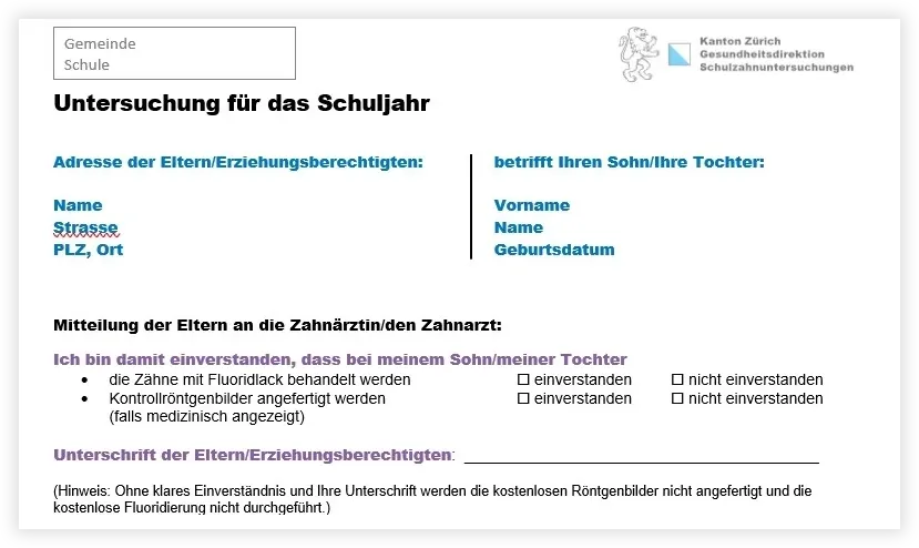 Formulario «Untersuchung für das Schuljahr» – Cantón de Zúrich, revisiones dentales escolares
