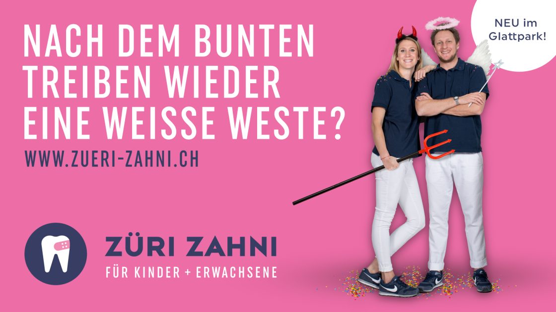 Züri Zahni poster: “A clean slate after all the carnival fun?” — the practice team in carnival costume with devil horns and a halo.