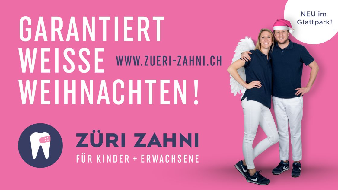 Züri Zahni poster: “Guaranteed white Christmas!” — the practice team with angel wings and a Santa hat.